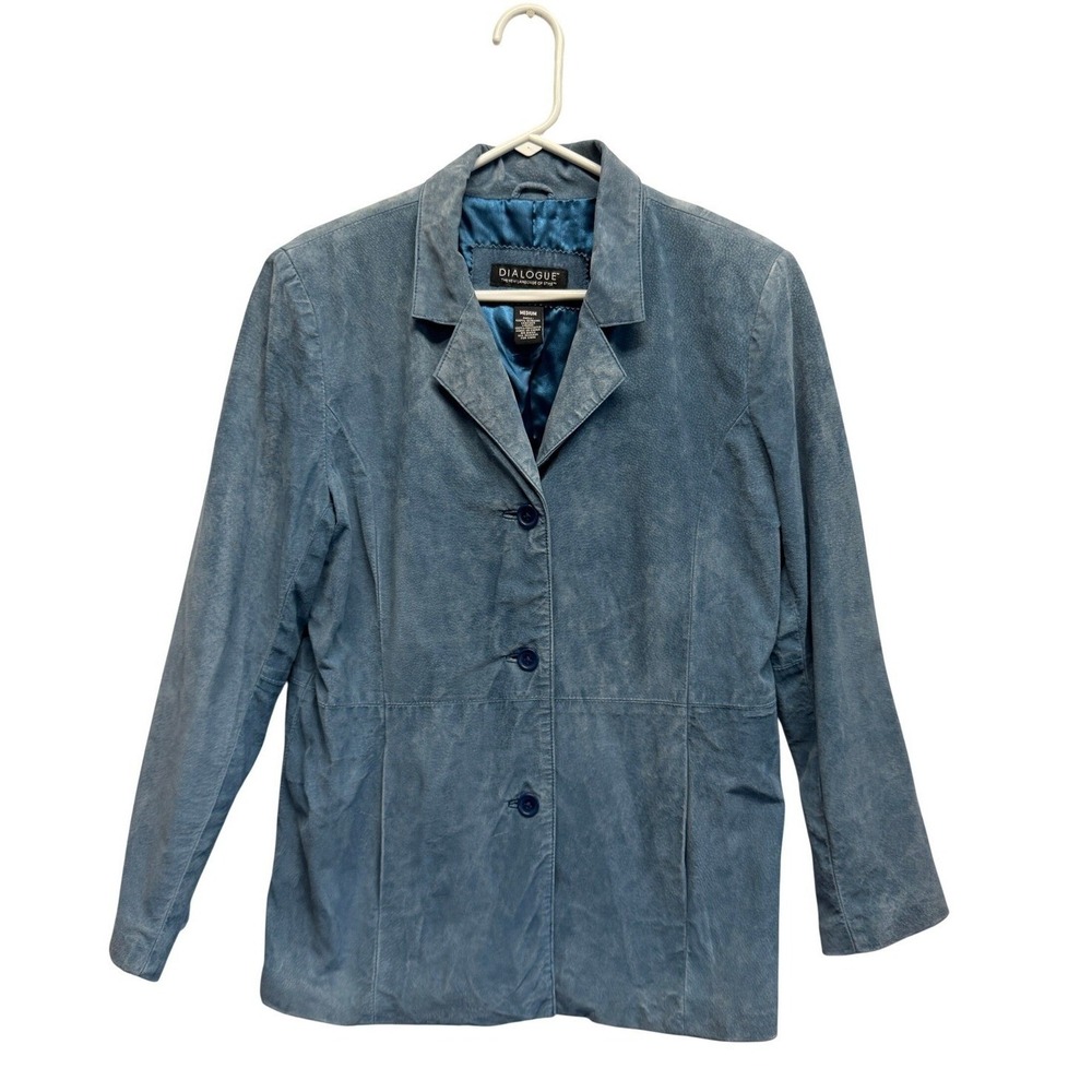 Vtg Dialogue Genuine Leather Jacket Women Medium Blue Suede Blazer Style - Picture 1 of 8